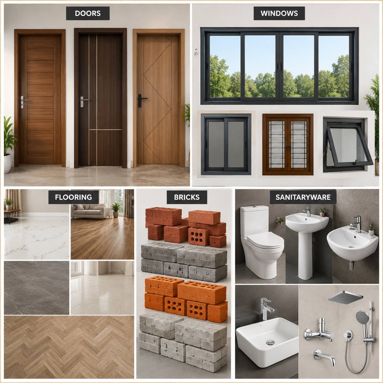 Doors, Windows, Flooring, Bricks, Sanitaryware